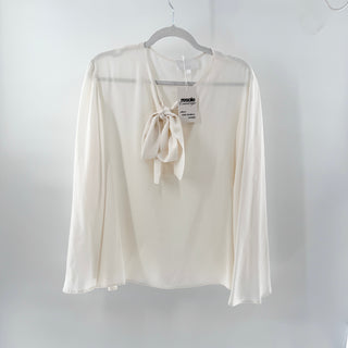 Alexis Flowy Satin Bow Semi-Sheer Long Sleeve Blouse White Women's Size Large