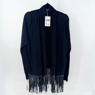 Central Park West Faux Leather Fringe Open Front Cardigan Black Women's Size L