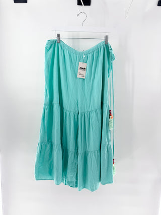 Pitusa High Waisted Ruffle Tiered Capri Wide Leg Pants Turquoise Women's Large