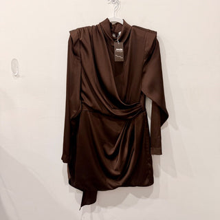Ronny Kobo Bianca Satin Ruched Mini Dress Chocolate Brown Women's Size Large