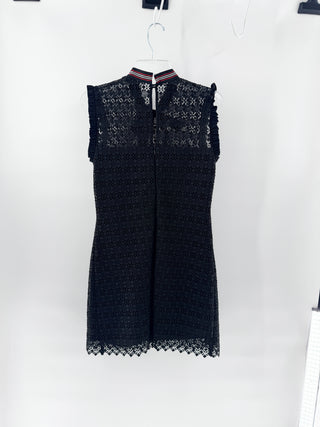 Sandro Fidele Sleeveless Ruffled Trim Lace Mini Shift Dress with Bow Black Small