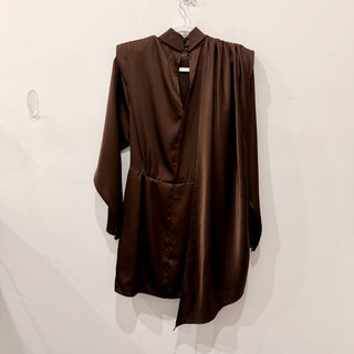 Ronny Kobo Bianca Satin Ruched Mini Dress Chocolate Brown Women's Size Large