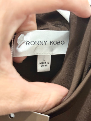 Ronny Kobo Bianca Satin Ruched Mini Dress Chocolate Brown Women's Size Large