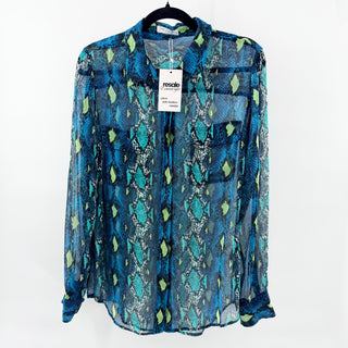 Equipment 100% Silk Semi-Sheer Snake Print Button-Up Shirt Teal Blue Women Small