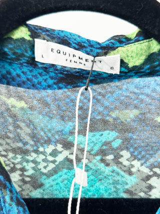 Equipment 100% Silk Semi-Sheer Snake Print Button-Up Shirt Teal Blue Women Small