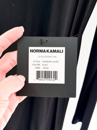Norma Kamali long sleeve crewneck dress, knee length dress with sleek fitted silhouette, xs