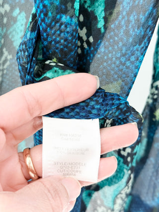 Equipment 100% Silk Semi-Sheer Snake Print Button-Up Shirt Teal Blue Women Small