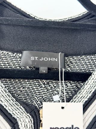 St. John Long Sleeve Full Zip Textured Knit Jacket Black White Women's Size 14