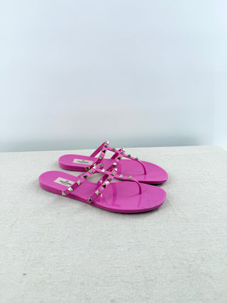 Valentino Garavani Rockstud Jelly Rubber PVC Thong Sandals Bight Pink Womens 39