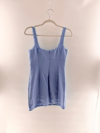 Amanda Uprichard Fitted mini dress with square neckline, ruffled trimmed straps & neckline, structured seaming & front slit, s