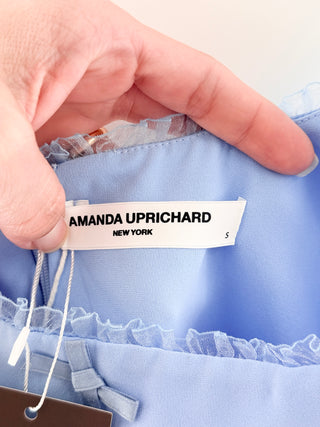 Amanda Uprichard Fitted mini dress with square neckline, ruffled trimmed straps & neckline, structured seaming & front slit, s