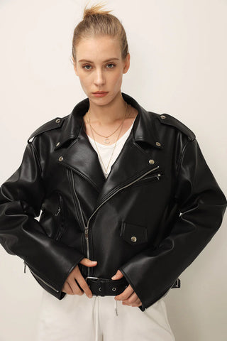 Storets Emma Faux Leather Asymmetric Zip Oversized Rider Jacket Black Womens S/M
