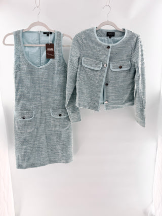 Isaac Mizrahi Metallic tweed sheath dress with matching cropped jacket, satin trim, snap flap pockets, & silver hardware, s / xs