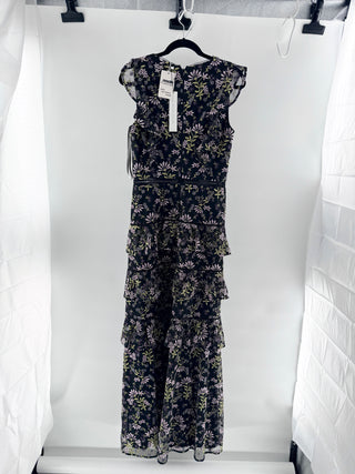 NWT ML Monique Lhuillier V-Neck Floral Embroidered Tiered Ruffle Gown Black 10