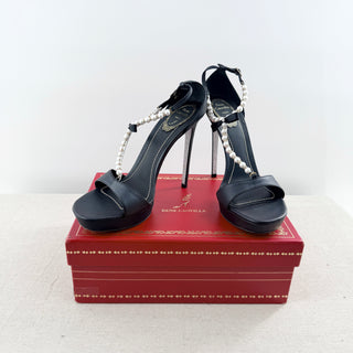 NWT Rene Caovilla Bead & Bow T-Strap Platform Sandals Black Women's Size EU 40