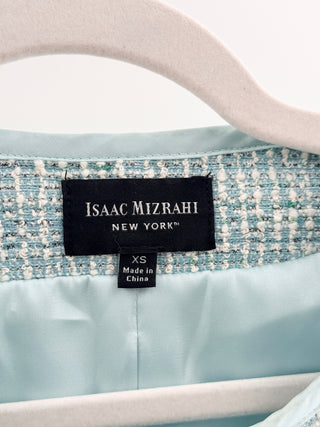Isaac Mizrahi Metallic tweed sheath dress with matching cropped jacket, satin trim, snap flap pockets, & silver hardware, s / xs