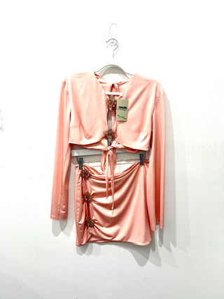 Declara Long Sleeve Blouse & Mini Skirt Set with Flower Accent Coral Women's Size M