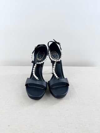 NWT Rene Caovilla Bead & Bow T-Strap Platform Sandals Black Women's Size EU 40