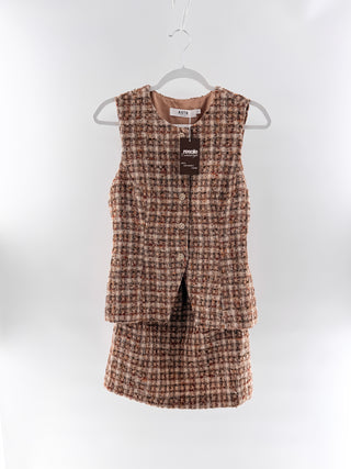 ASTR Tweed sleeveless mini dress with gold buttons, fitted waist & faux vest style front, S
