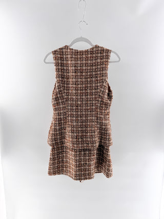 ASTR Tweed sleeveless mini dress with gold buttons, fitted waist & faux vest style front, S