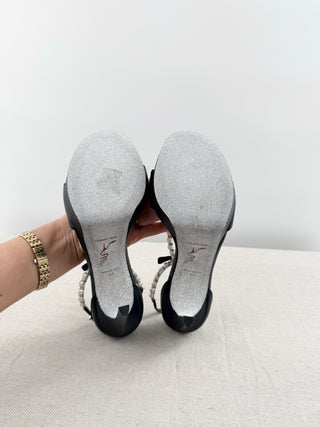 NWT Rene Caovilla Bead & Bow T-Strap Platform Sandals Black Women's Size EU 40