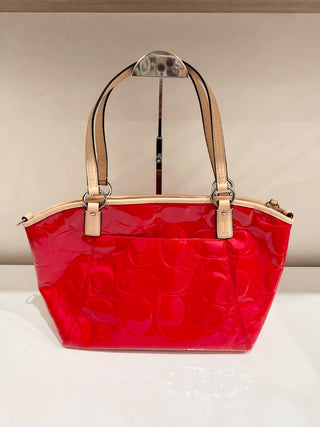 Vintage Coach Peyton Embossed Patent Leather Tote Bag Red Tan Trim