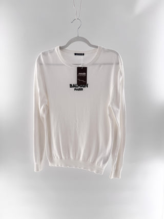 Balmain White-Knit Crewneck Sweater, M