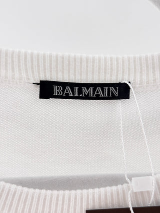 Balmain White-Knit Crewneck Sweater, M