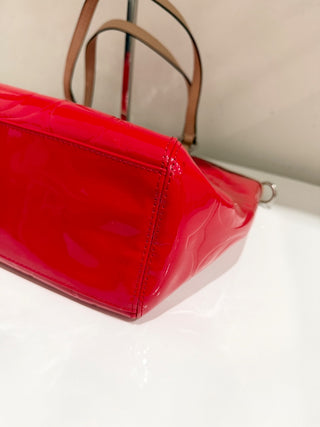 Vintage Coach Peyton Embossed Patent Leather Tote Bag Red Tan Trim