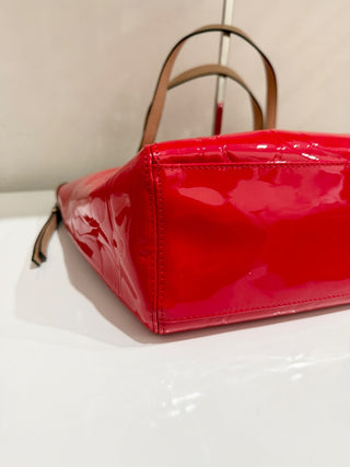 Vintage Coach Peyton Embossed Patent Leather Tote Bag Red Tan Trim