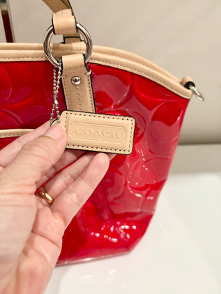 Vintage Coach Peyton Embossed Patent Leather Tote Bag Red Tan Trim