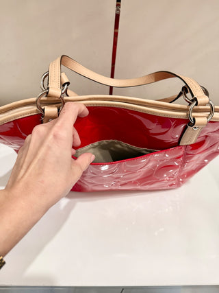 Vintage Coach Peyton Embossed Patent Leather Tote Bag Red Tan Trim