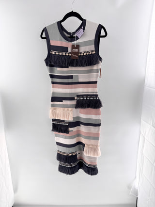 Herve Leger Geometric striped knit midi dress with tiered fringe & embellished trim runway piece, M