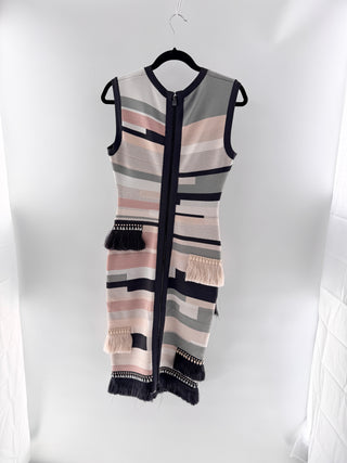 Herve Leger Geometric striped knit midi dress with tiered fringe & embellished trim runway piece, M