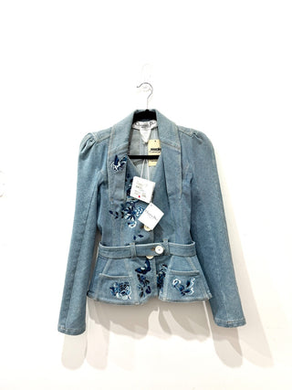 NWT Christian Dior Stella Floral Puff Sleeve Belted Denim Jacket Blue Women 38/6