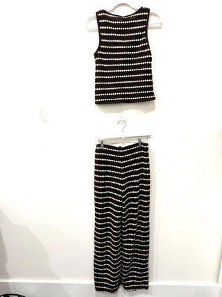 Mango MNG Striped Knitted Top & Straight Pants Lounge Set Brown/White Small
