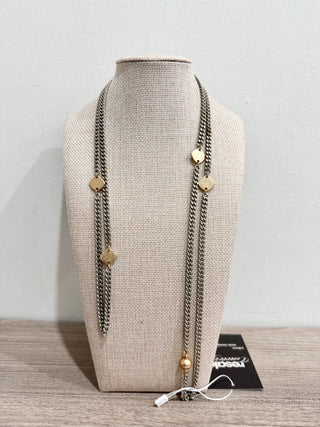 Metal Chain Station Long Necklace with Magnetic Clasp Silver /Gold