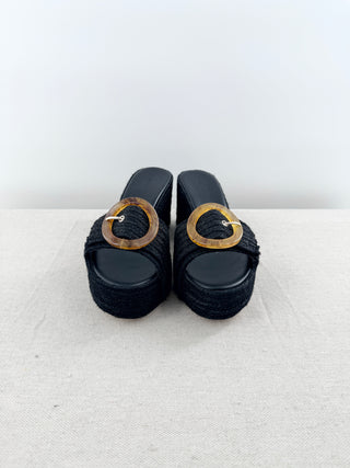Cult Gaia Cleia Raffia Espadrille Block Heel Platform Mules Black Womens Size 39