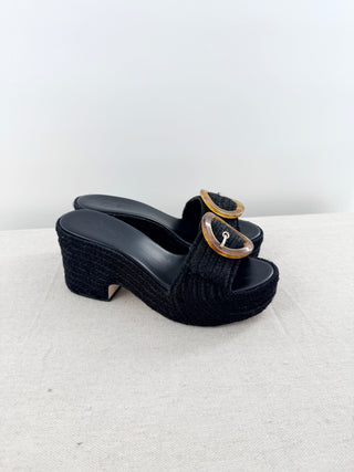 Cult Gaia Cleia Raffia Espadrille Block Heel Platform Mules Black Womens Size 39