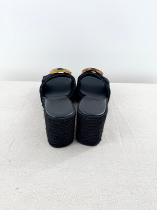 Cult Gaia Cleia Raffia Espadrille Block Heel Platform Mules Black Womens Size 39