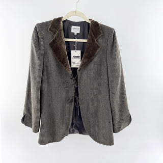 Armani Wool Blend Herringbone Velvet Notch Lapels Front Tie Blazer Brown Women 8