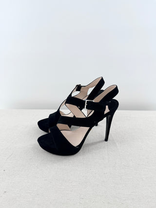 Prada Suede Stilettos Heel Strappy Platform Sandals Black Women's Size EU 37.5