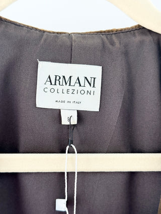 Armani Wool Blend Herringbone Velvet Notch Lapels Front Tie Blazer Brown Women 8