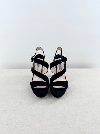Prada Suede Stilettos Heel Strappy Platform Sandals Black Women's Size EU 37.5