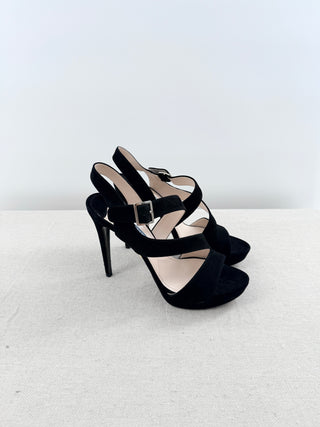 Prada Suede Stilettos Heel Strappy Platform Sandals Black Women's Size EU 37.5