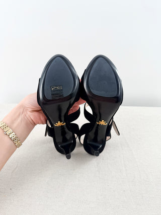 Prada Suede Stilettos Heel Strappy Platform Sandals Black Women's Size EU 37.5