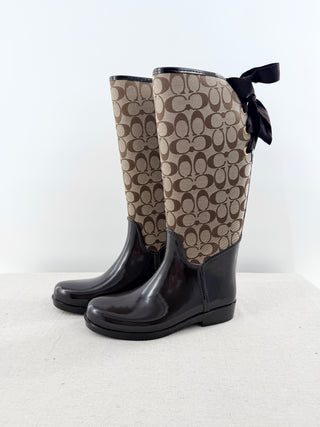 NWT Coach Tristee Monogram C Logo Shiny Rubber Tall Rain Boots Brown Women's 10