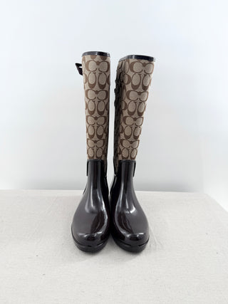 NWT Coach Tristee Monogram C Logo Shiny Rubber Tall Rain Boots Brown Women's 10