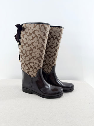 NWT Coach Tristee Monogram C Logo Shiny Rubber Tall Rain Boots Brown Women's 10