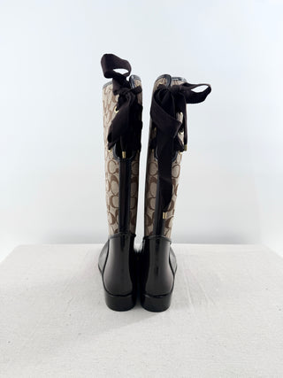 NWT Coach Tristee Monogram C Logo Shiny Rubber Tall Rain Boots Brown Women's 10